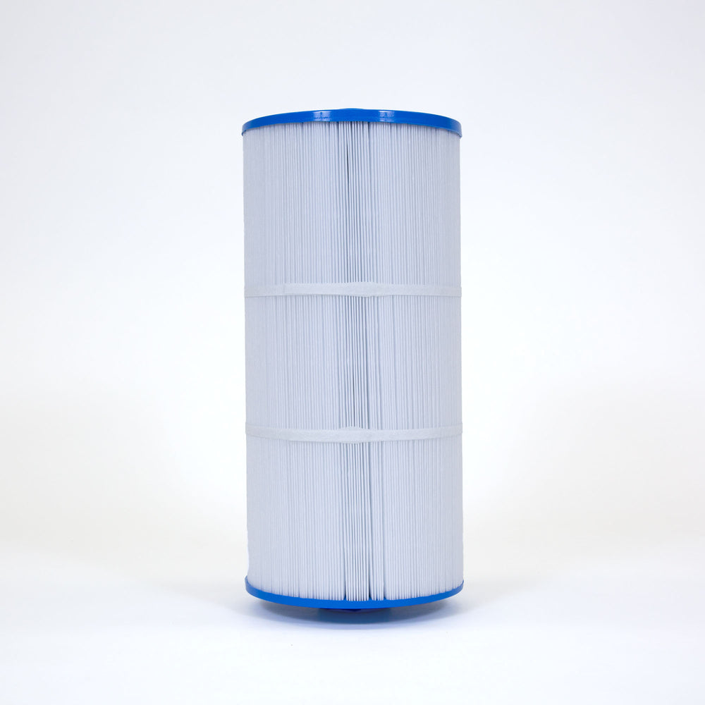 Tall cylindrical pleated pool filter cartridge with blue plastic edges on top and bottom against a plain white background