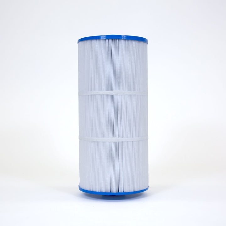 Tall cylindrical pleated pool filter cartridge with blue plastic edges on top and bottom against a plain white background