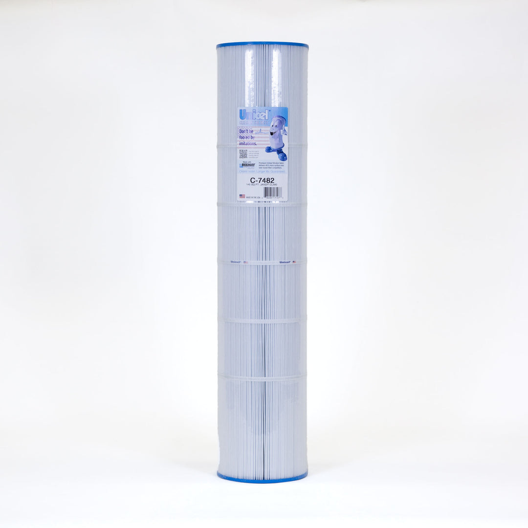tall cylindrical pool filter cartridge with white pleated fabric and blue caps on both ends standing upright