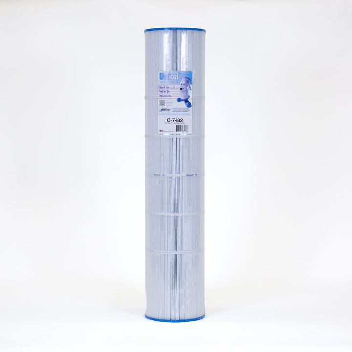 tall cylindrical pool filter cartridge with white pleated fabric and blue caps on both ends standing upright