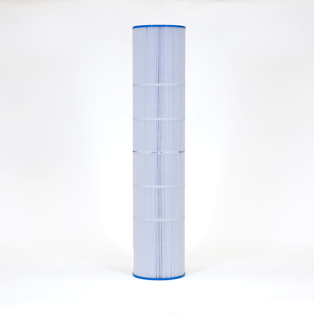 Tall cylindrical pool filter cartridge with white pleated material and blue caps on top and bottom