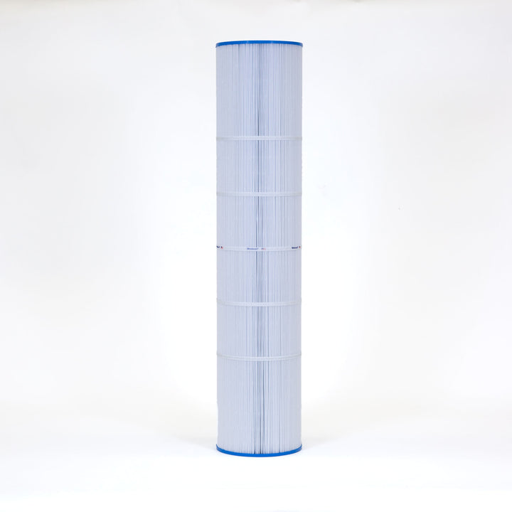 Tall cylindrical pool filter cartridge with white pleated material and blue caps on top and bottom