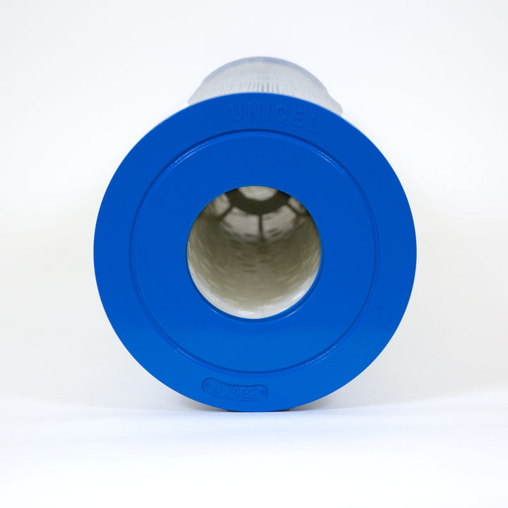 Cylindrical pool filter cartridge with blue plastic end cap and white pleated filter material extending from center