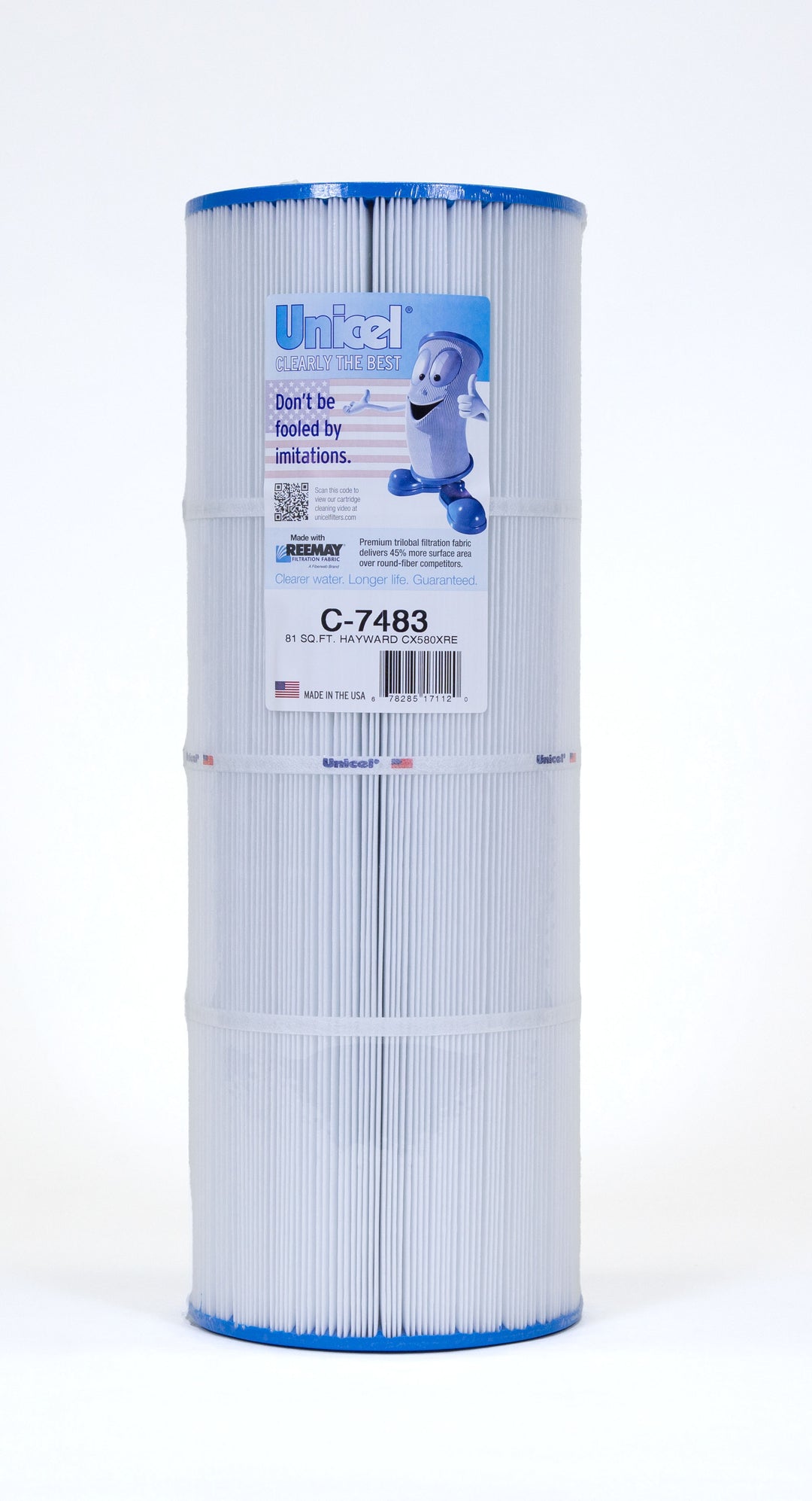 tall cylindrical pool filter cartridge with white pleated fabric and blue end caps with product label and mascot