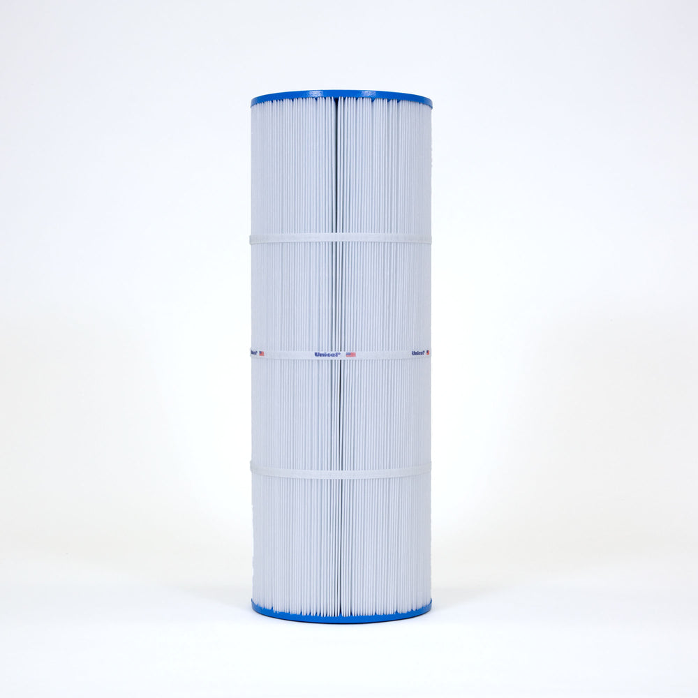 Tall cylindrical white pool filter cartridge with pleated material and blue top and bottom edges against a white background