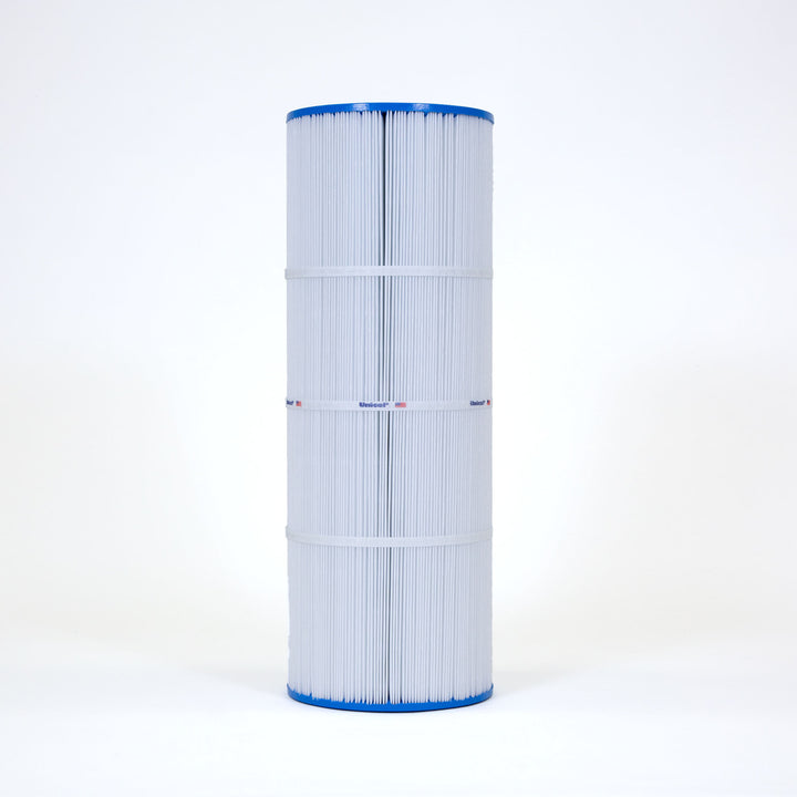 Tall cylindrical white pool filter cartridge with pleated material and blue top and bottom edges against a white background