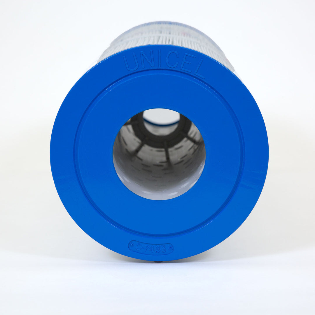 cylindrical pool filter cartridge with white pleated material and bright blue end caps featuring embossed branding