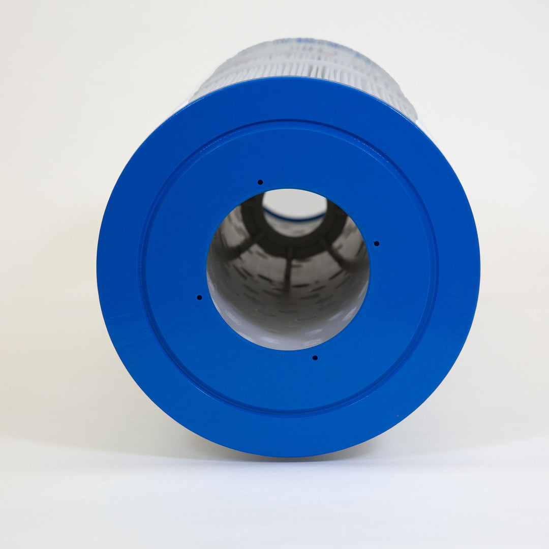 cylindrical pool filter cartridge with blue circular end and white pleated filter material cylindrical shape