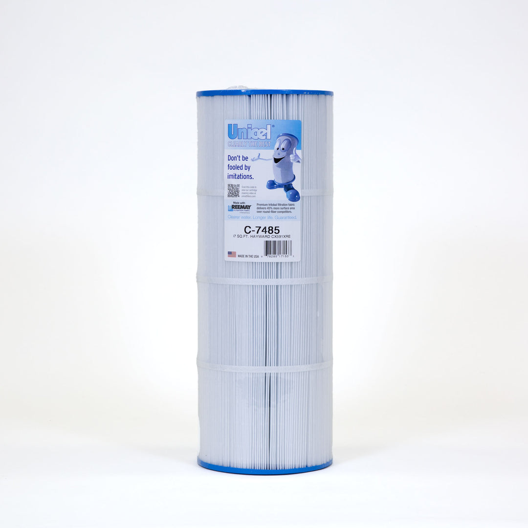 Tall cylindrical pool filter cartridge with pleated white material and blue caps on top and bottom with a label on front