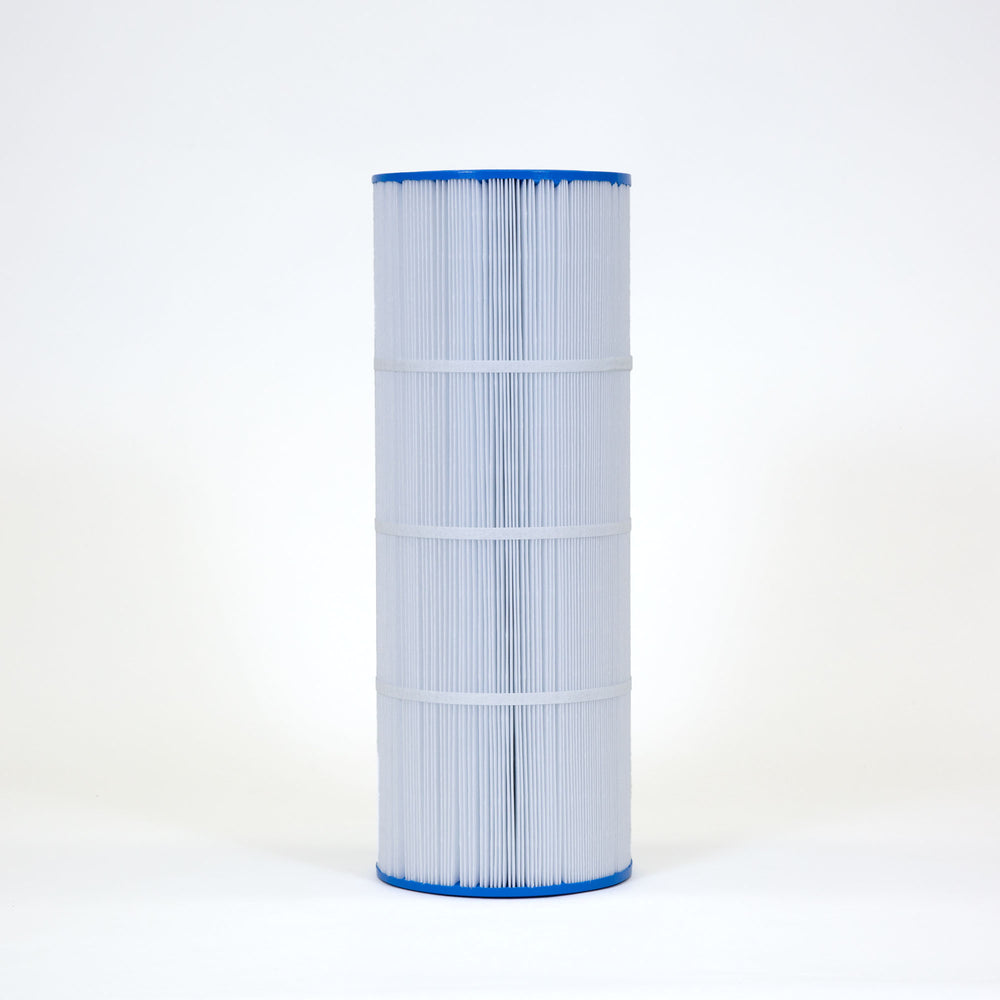 Tall cylindrical pool filter cartridge with white pleated material and blue end caps standing upright on a white background