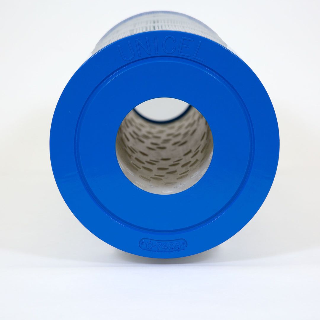 cylindrical pool filter cartridge with a blue plastic end cap embossed with unicel and model c-7485