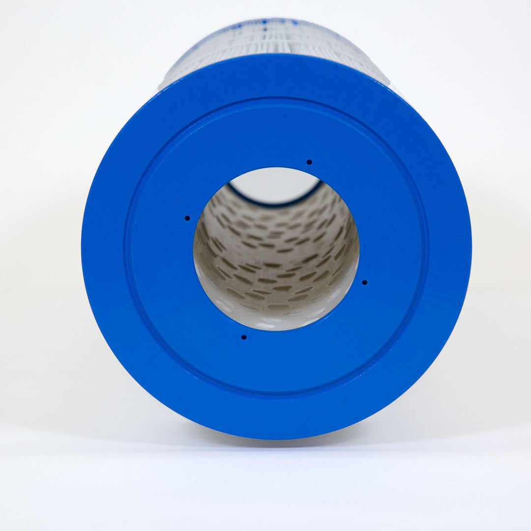 cylindrical pool filter cartridge with blue plastic end caps and pleated white filtration material inside