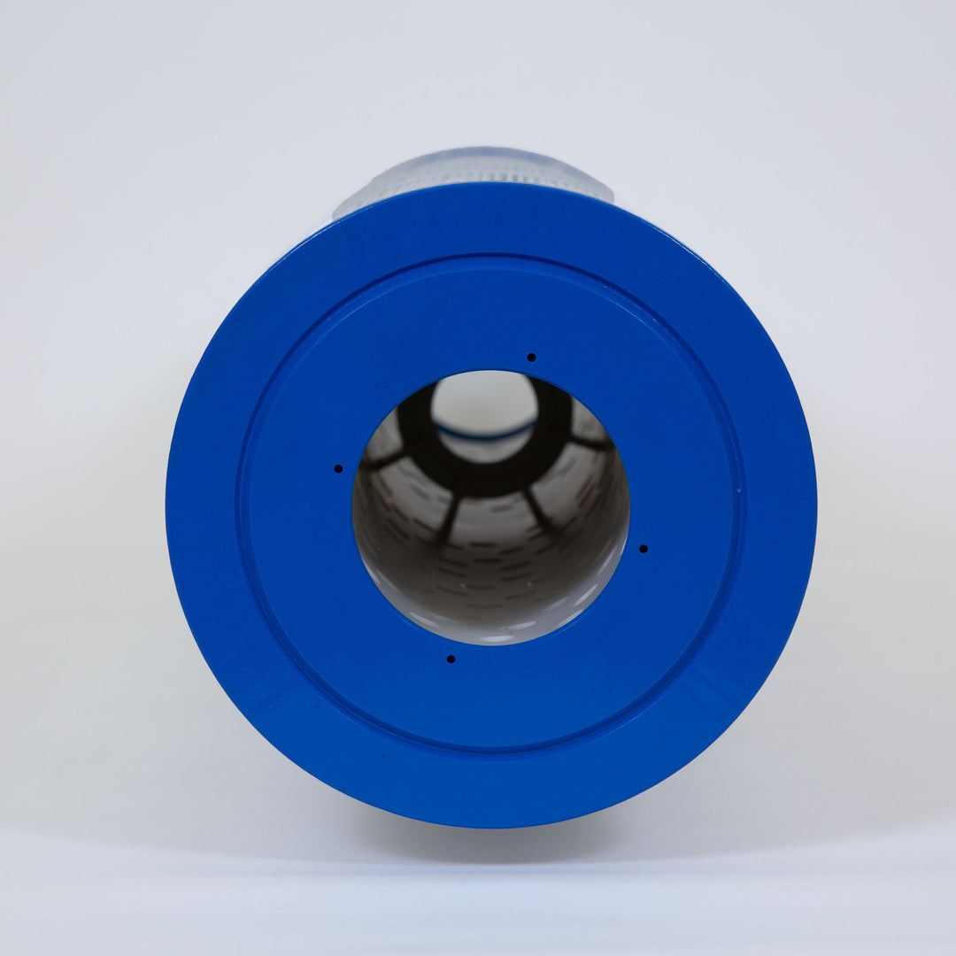 cylindrical pool filter cartridge with a bright blue circular end and a hollow center showing internal structural supports
