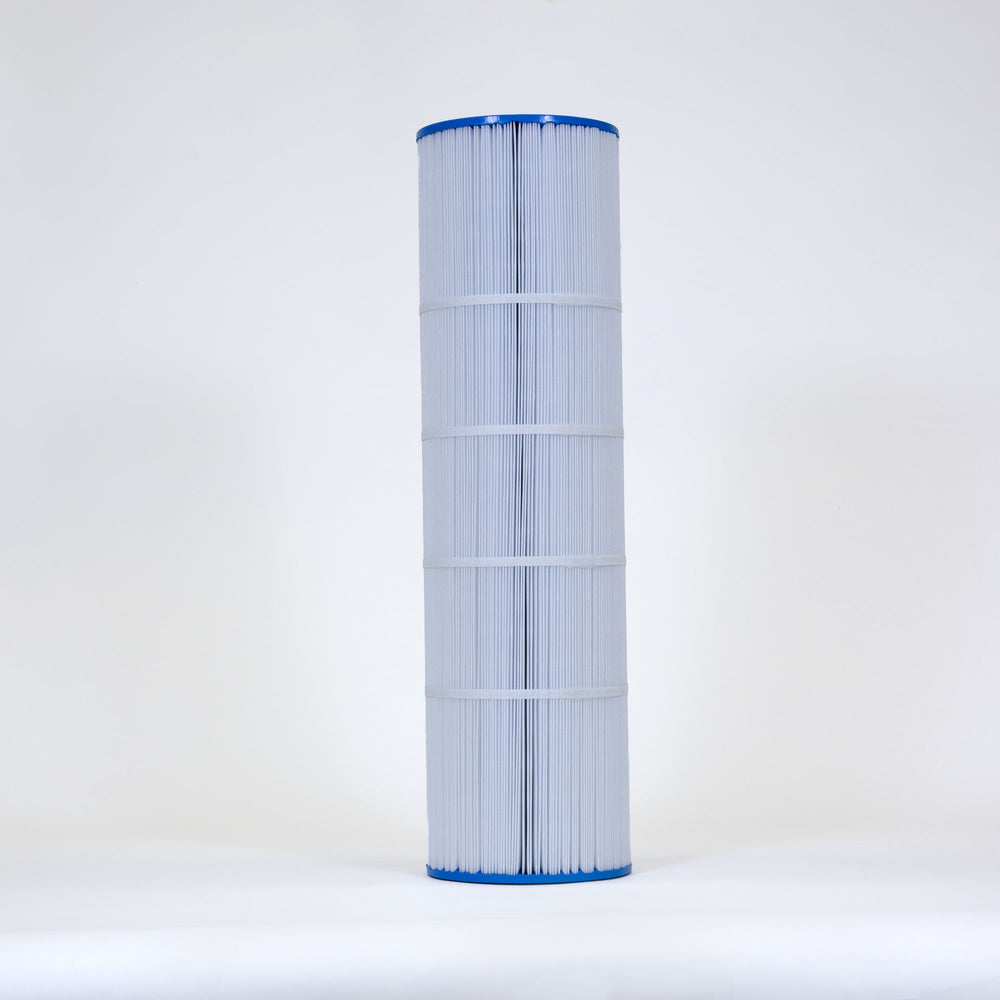 Tall cylindrical pool filter cartridge with white pleated material and blue caps on top and bottom against a plain white background