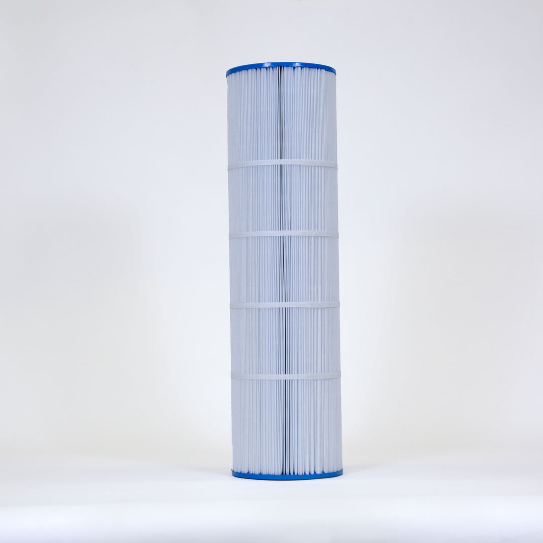 Tall cylindrical pool filter cartridge with white pleated material and blue caps on top and bottom against a plain white background