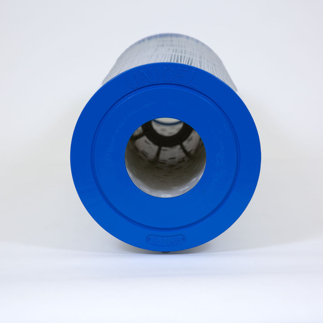 cylindrical pool filter cartridge with blue end cap and pleated white filter material