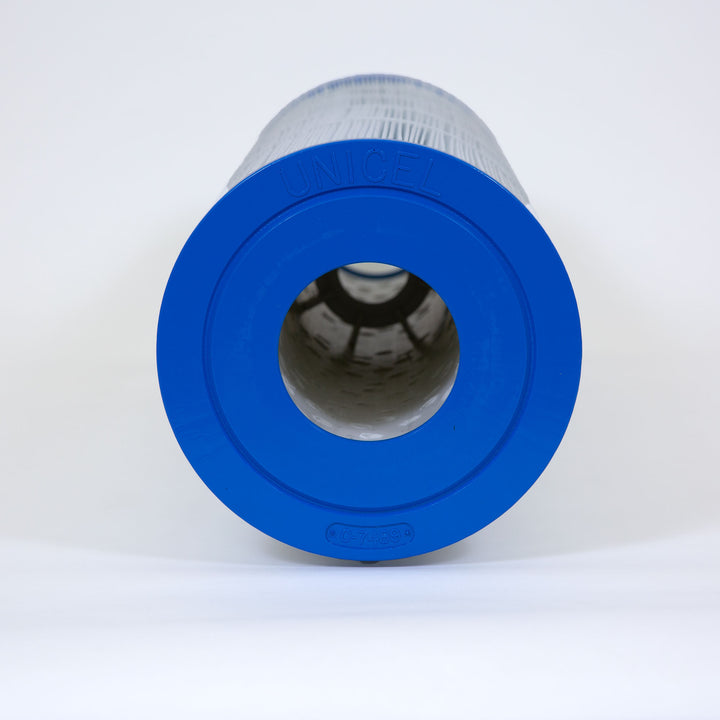 cylindrical pool filter cartridge with blue end cap and pleated white filter material