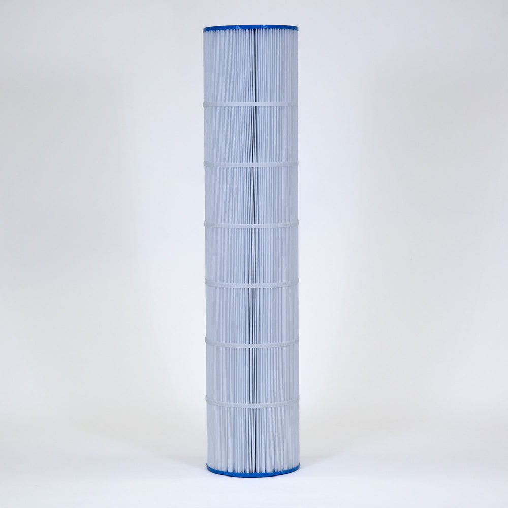 Tall cylindrical pool filter cartridge with pleated white material and blue plastic caps on top and bottom