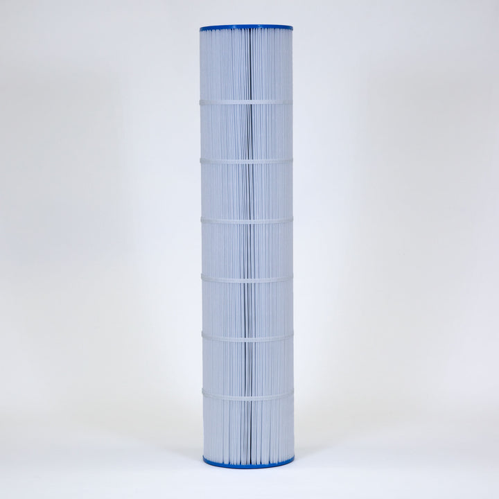 Tall cylindrical pool filter cartridge with pleated white material and blue plastic caps on top and bottom