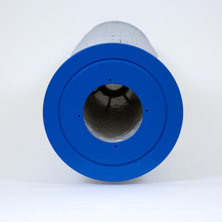 Cylindrical pool filter cartridge with a blue plastic ring on one end and a white pleated body