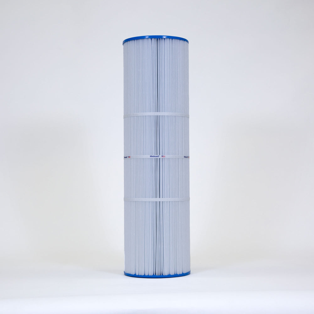 Tall cylindrical replacement filter cartridge with blue caps and pleated white filtering material around the body