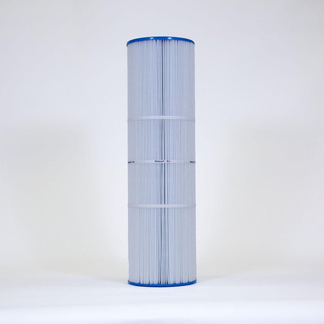 Tall cylindrical replacement filter cartridge with blue caps and pleated white filtering material around the body