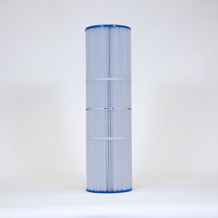 Tall cylindrical replacement filter cartridge with blue caps and pleated white filtering material around the body