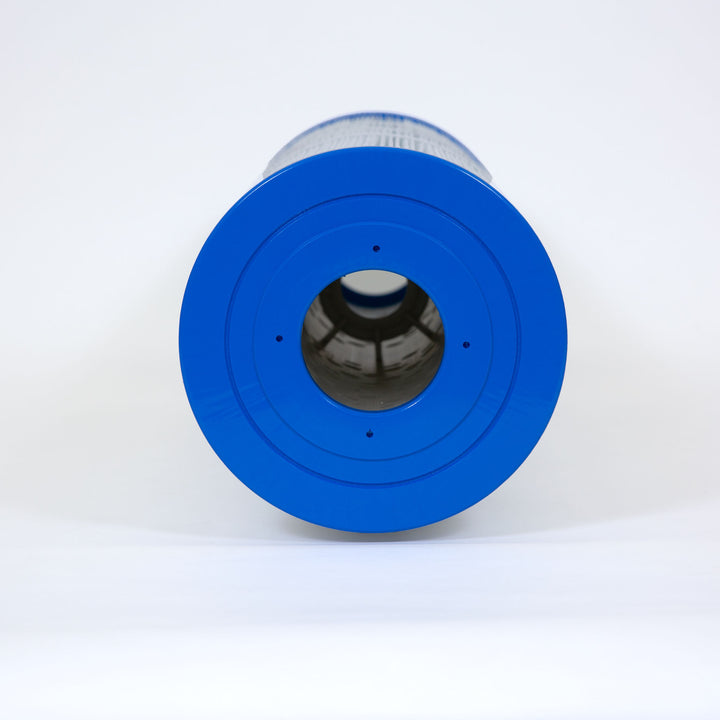 Cylindrical pool filter cartridge with a blue plastic end cap and white pleated filtering material