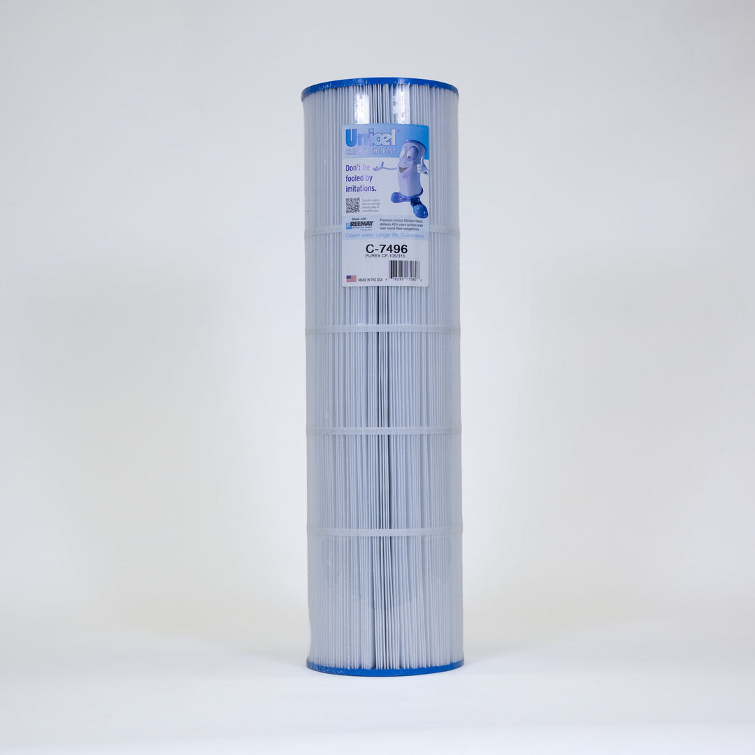 Tall cylindrical pleated pool filter cartridge with blue end caps and a label on front against white background