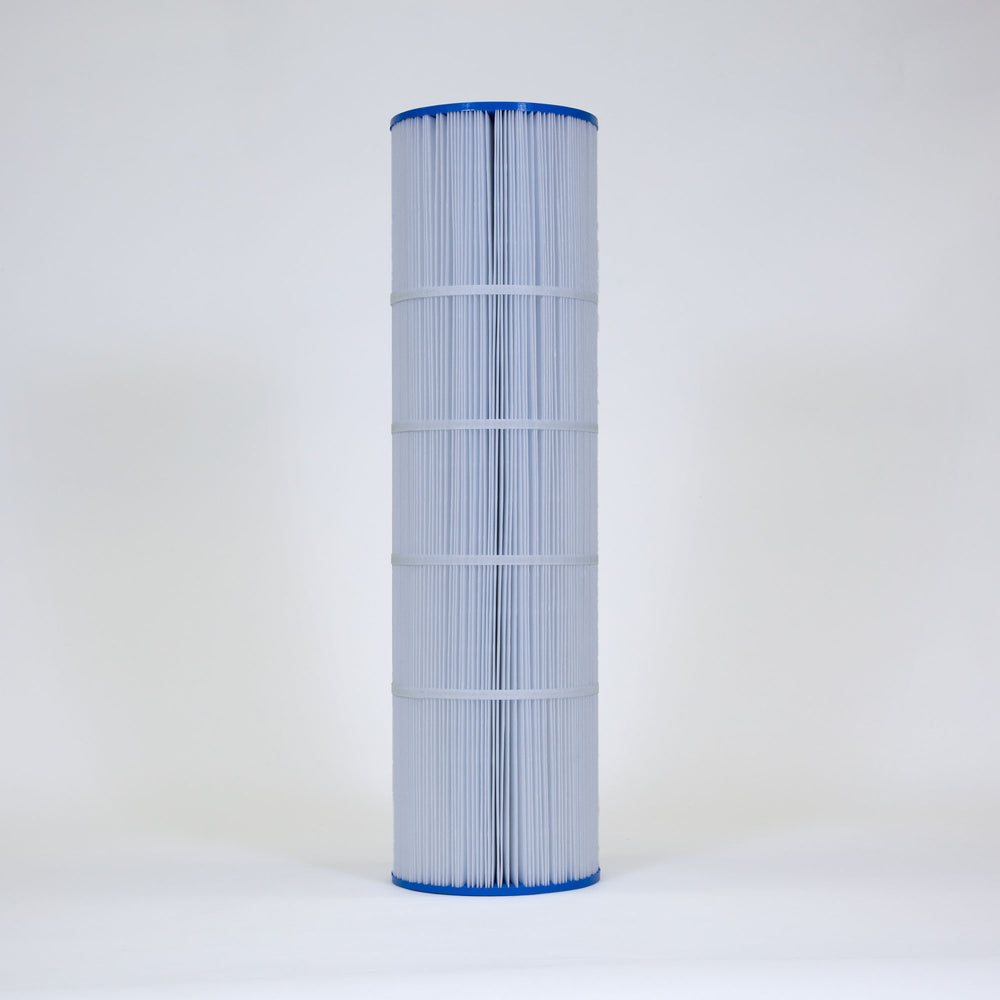 Tall cylindrical pool filter cartridge with white pleated material and blue end caps on plain background