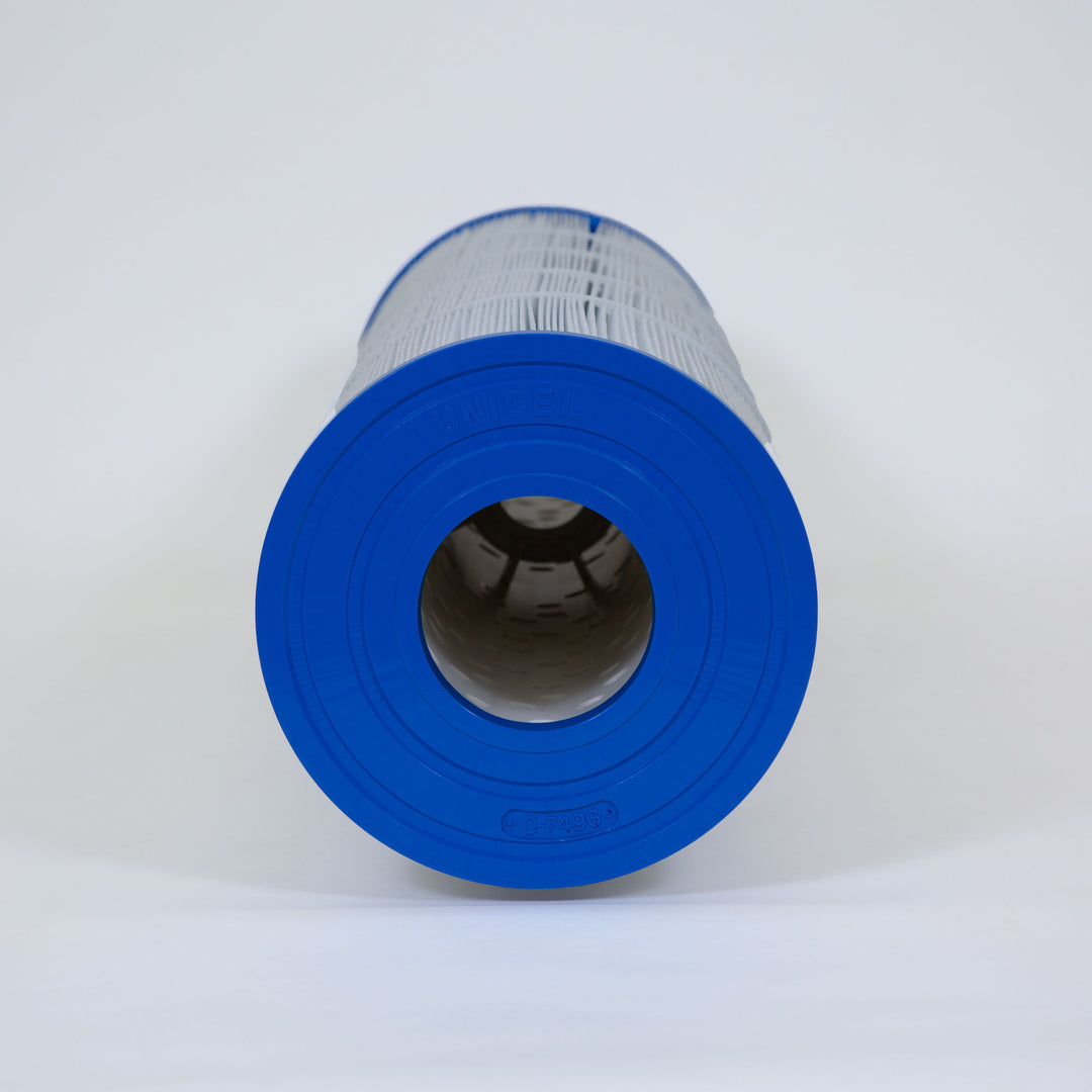 cylindrical pool filter cartridge with blue plastic end caps and pleated white filter material inside