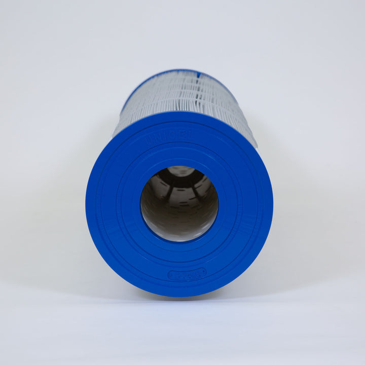 cylindrical pool filter cartridge with blue plastic end caps and pleated white filter material inside