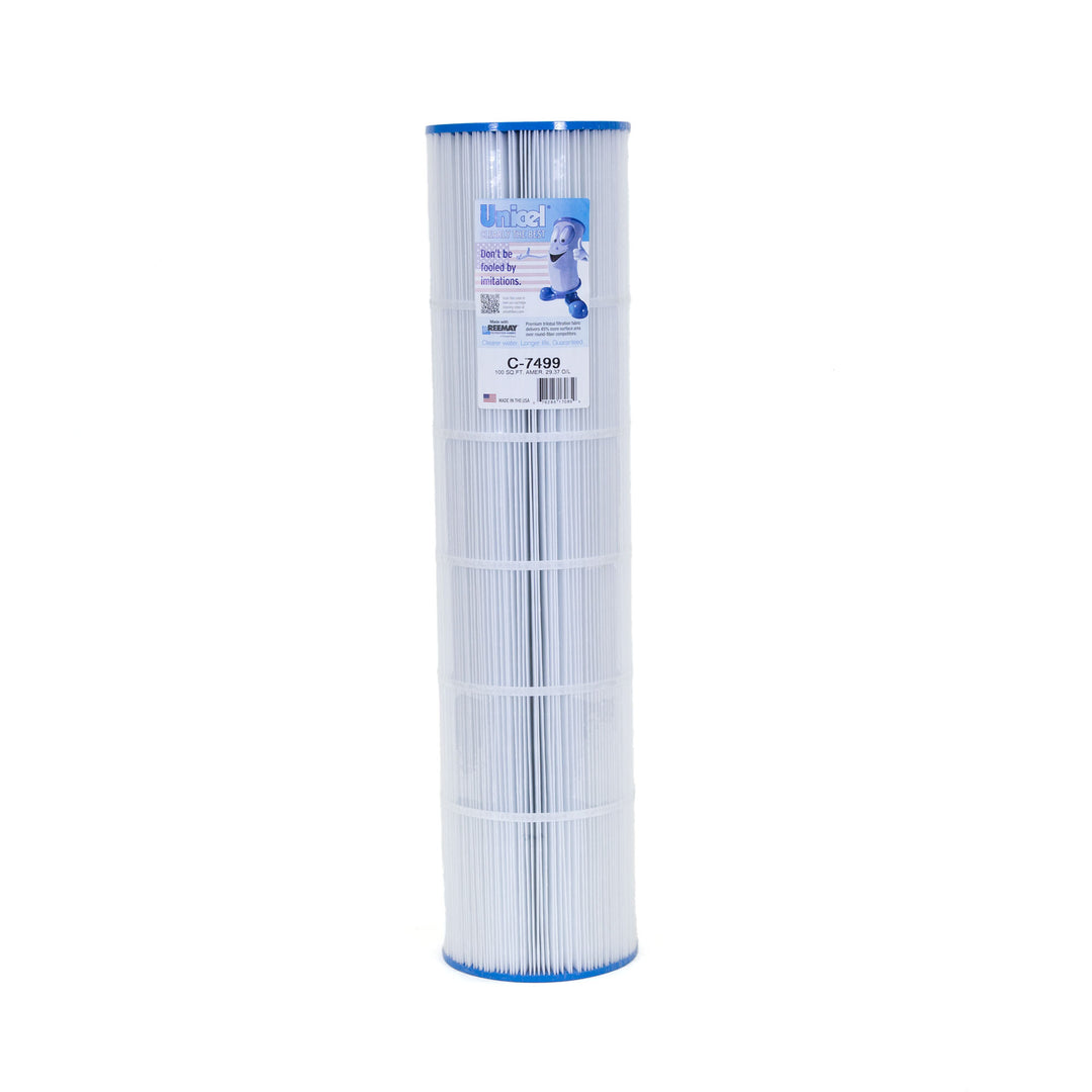 Tall cylindrical pool filter cartridge with pleated white material and blue end caps displaying a label with text and graphics