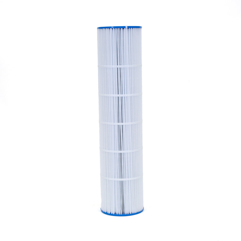 Tall cylindrical pool filter cartridge with white pleated material and blue end caps on white background