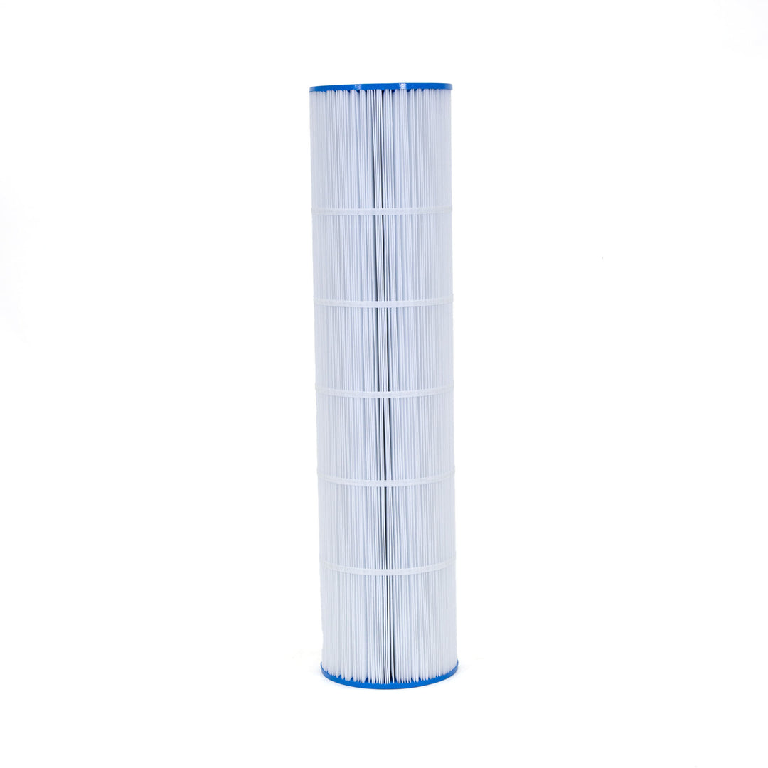 Tall cylindrical pool filter cartridge with white pleated material and blue end caps on white background