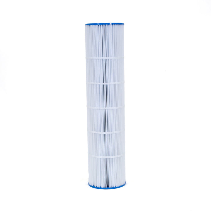 Tall cylindrical pool filter cartridge with white pleated material and blue end caps on white background