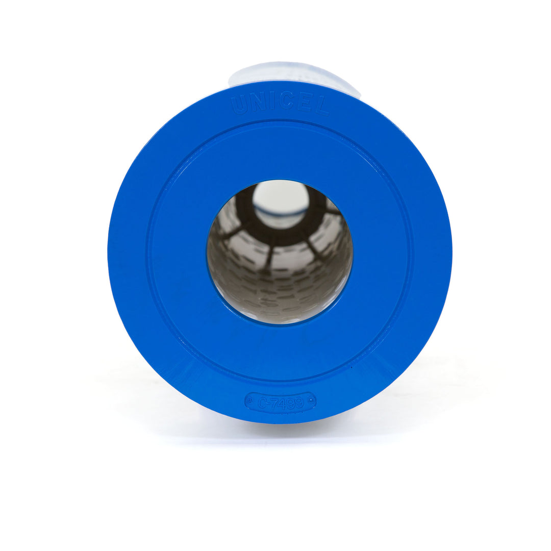 Blue circular pool filter cartridge end with central hole and the text unicel and c-7499 molded on the surface