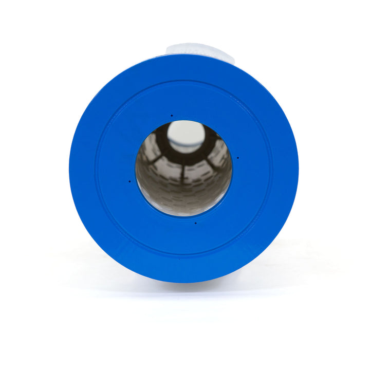 Close-up view of a blue cylindrical pool filter cartridge with a hollow center and textured inner surface on a white background