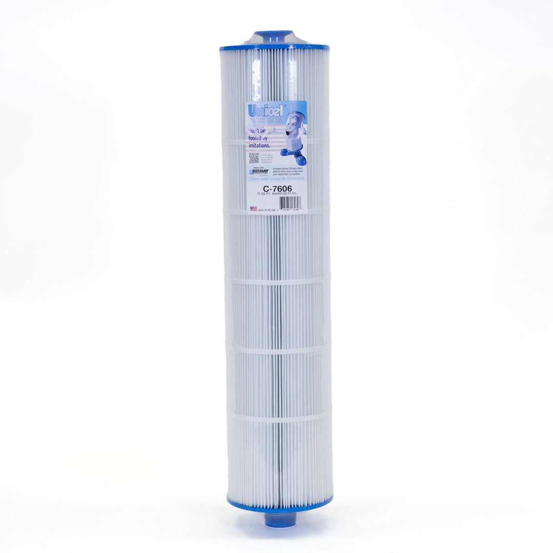 Tall cylindrical pool filter cartridge with pleated white material and blue end caps featuring a front label