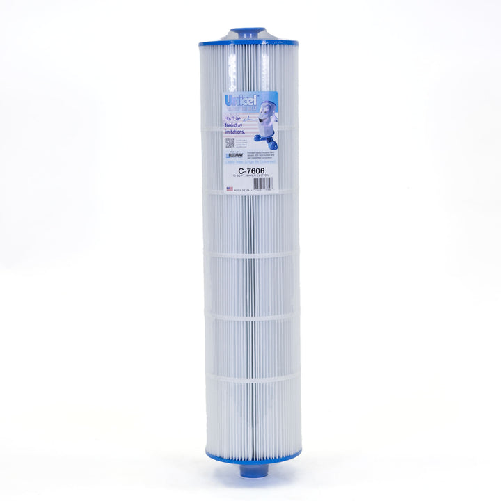 Tall cylindrical pool filter cartridge with pleated white material and blue end caps featuring a front label