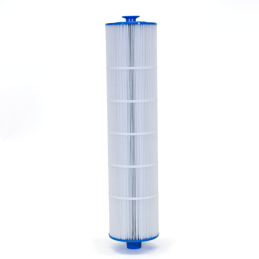 Tall cylindrical pool filter cartridge with white pleated filtering material and blue end caps on both sides