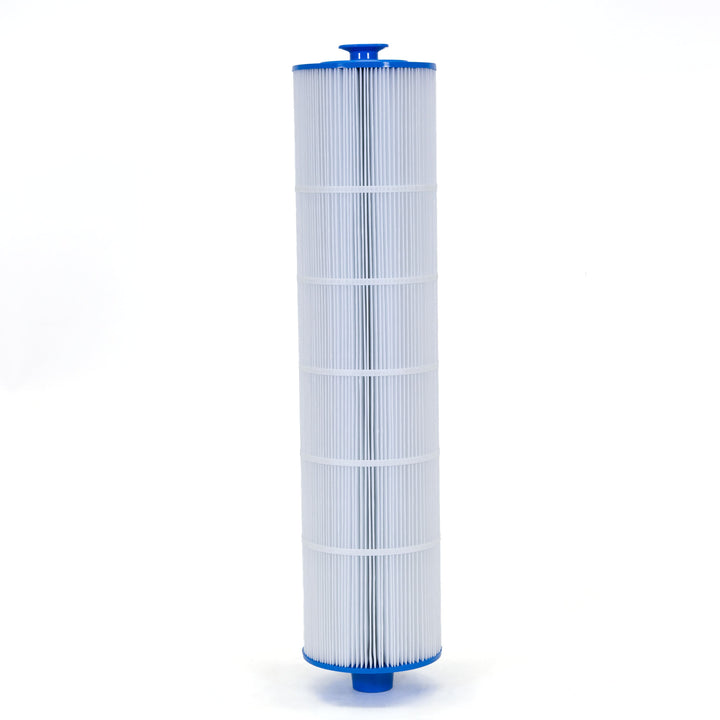 Tall cylindrical pool filter cartridge with white pleated filtering material and blue end caps on both sides