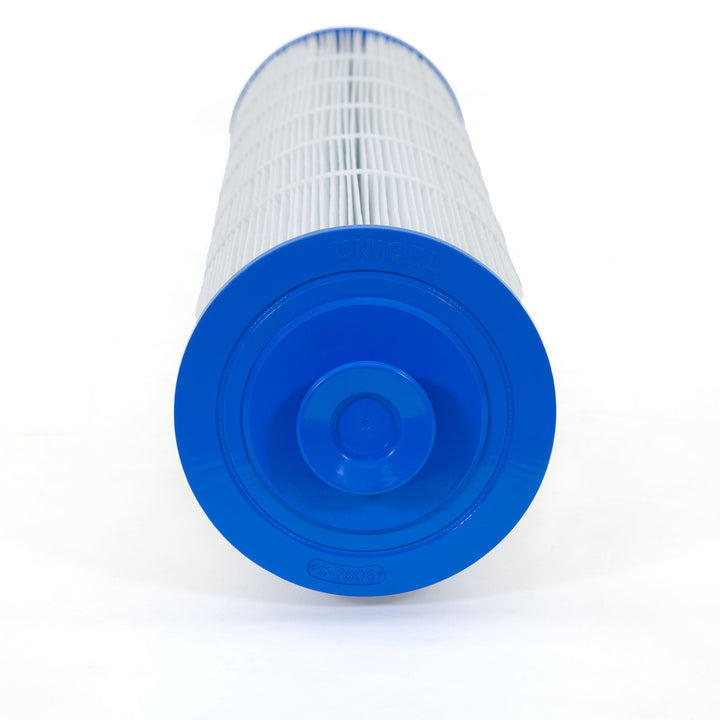cylindrical pool or spa filter cartridge with white pleated material and blue plastic end cap on white background