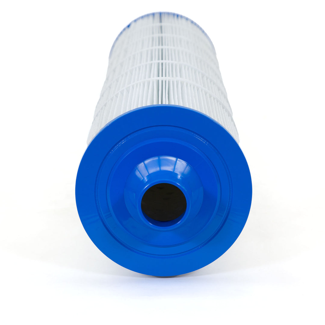 cylindrical replacement filter cartridge with white pleated material and blue plastic end cap against white background