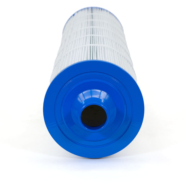 cylindrical replacement filter cartridge with white pleated material and blue plastic end cap against white background