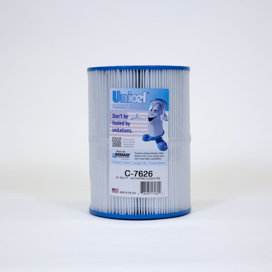 cylindrical pool filter cartridge with white pleated material and blue end caps featuring a label with branding and product information
