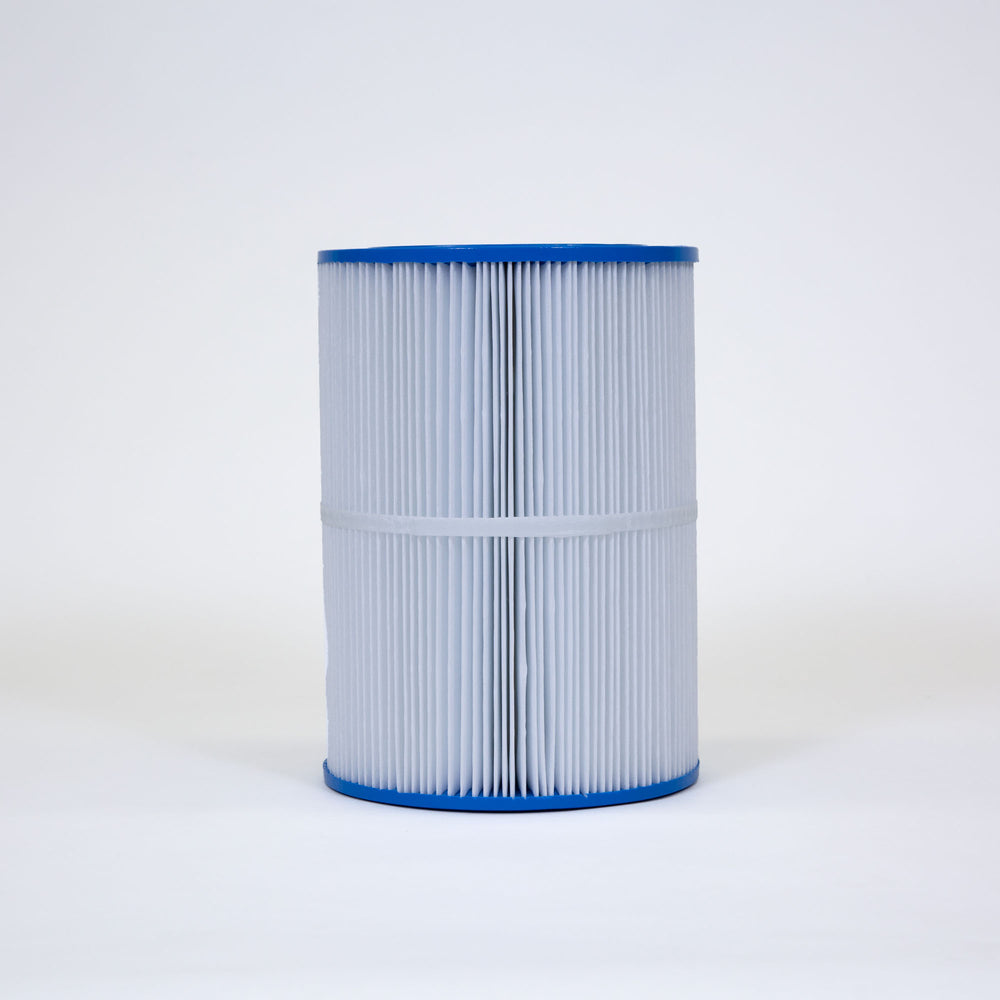 cylindrical white pleated filter cartridge with blue ends placed on white surface against white background