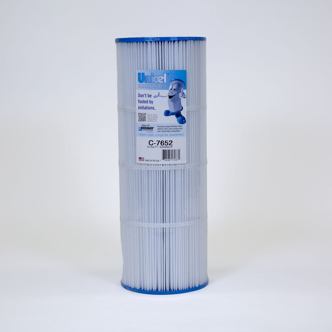 Tall cylindrical pool filter cartridge with pleated white material and blue ends standing upright against white background