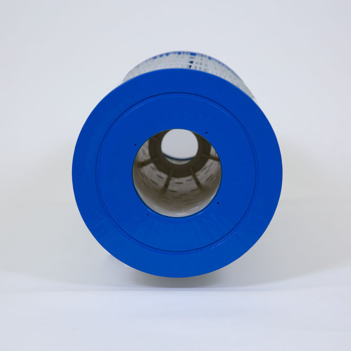 cylindrical pool filter cartridge with blue end caps and white pleated filtering material inside