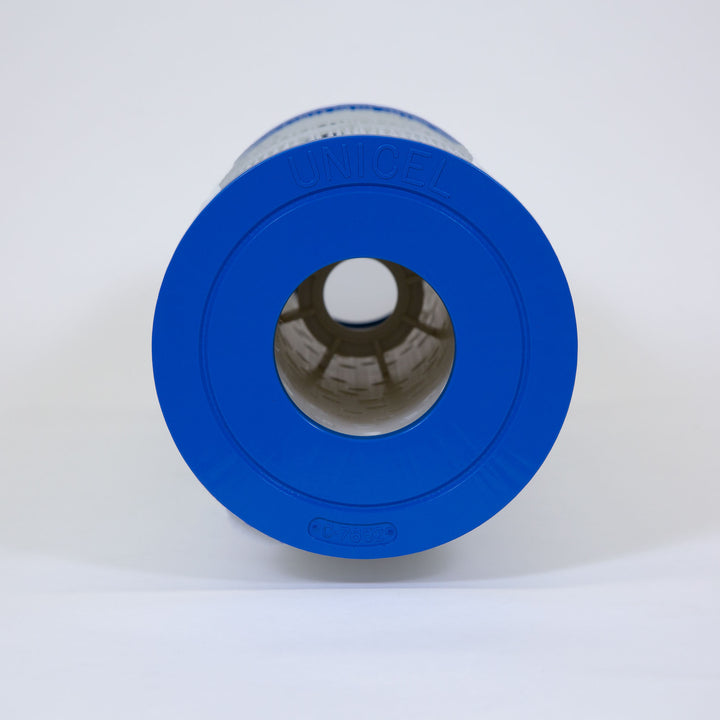 blue cylindrical filter cartridge with hole in center and embossed Unicel text on blue cap